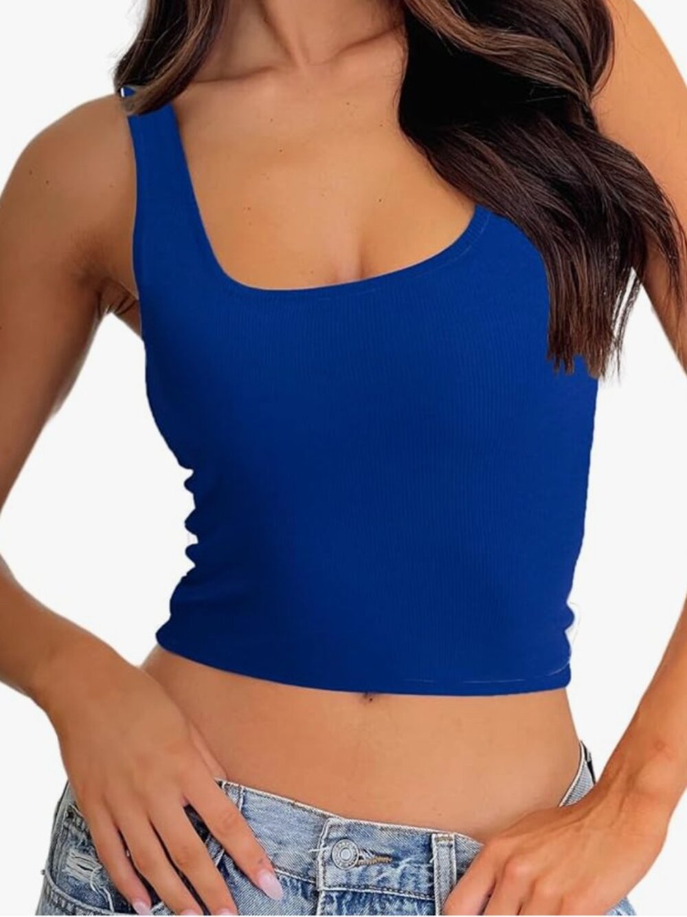 Blue Ribbed Tank Top Padded Crop Fitted Tank Top
